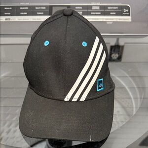 adidas Black Cap with White Stripes and Blue Details
